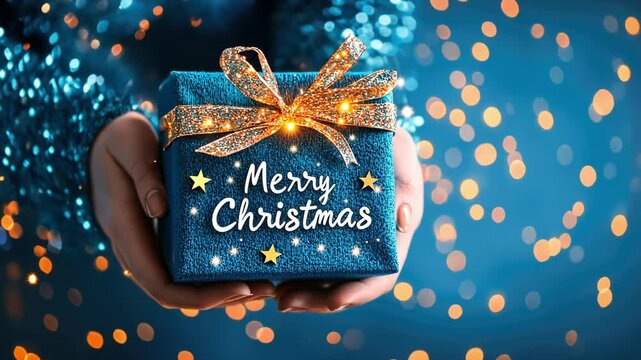 Festive gift box with merry christmas message and glittering lights in background. Happy New Year. Merry Christmas. Christmas Sweater Day