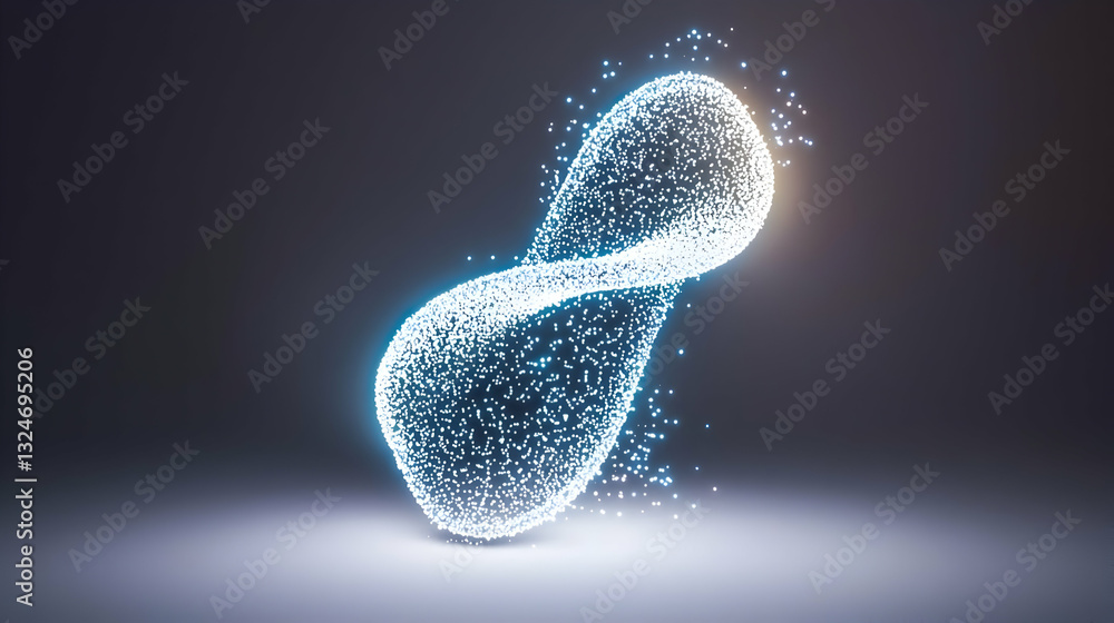 Poster dynamic glowing white and blue particles forming an infinity loop in a dark abstract space with ligh