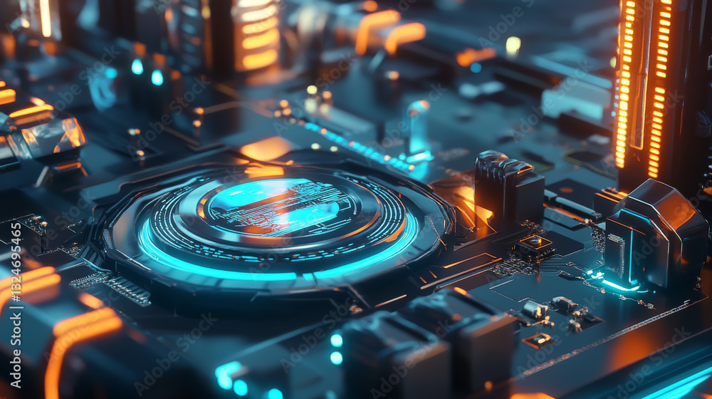 Poster ai background. abstract ai chip hologram on circuit board tech bg. artificial intelligence isometric