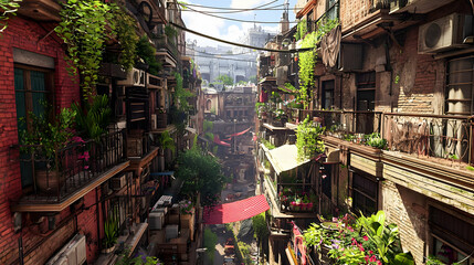 Narrow City Street Lined With Buildings Featuring Green Plants and Red Decorations Under Bright Daylight