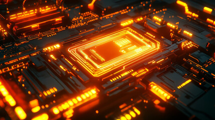 Obraz premium AI background. Abstract AI chip hologram on circuit board tech bg. Artificial Intelligence isometric 3D logo with neon growing light lines. Vector illustration. CPU processor or semiconductor design.
