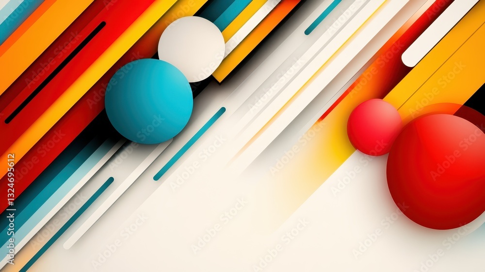 Poster a captivating composition featuring colorful stripes and spheres that interplay beautifully, creatin