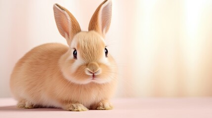 Obraz premium Cute and fluffy Easter bunny displaying a cheerful expression against a soothing pastel pink background, ideal for spring themes