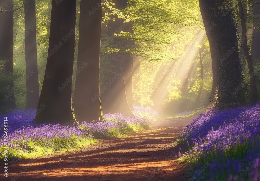 Aufkleber serene forest pathway adorned with bluebells and illuminated by sunbeams through tall trees during s