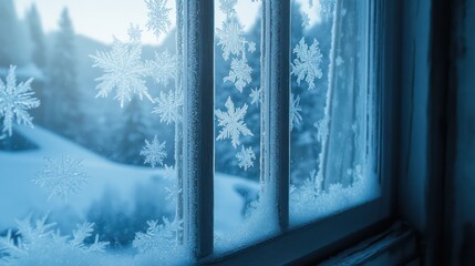 Frosty Window With Detailed Snowflake Ice Crystal Decorations Displays Nature