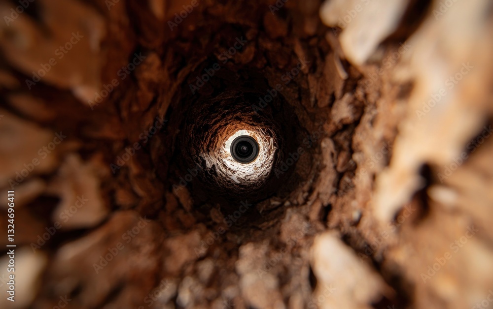 Poster intriguing circular object within a dark tree trunk cavity