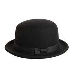 Stylish black bowler hat with a sleek ribbon band on a crisp white background