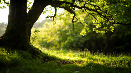 Large Tree Illuminated By Sunlight In Green Forest With Lush Grass and Scenic Background