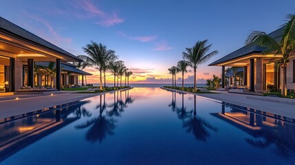 Tropical sunset view reflecting in infinity pool