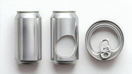 Two Intact Aluminum Cans And An Open Can Top On A Bright White Background In A Modern Minimalist Style
