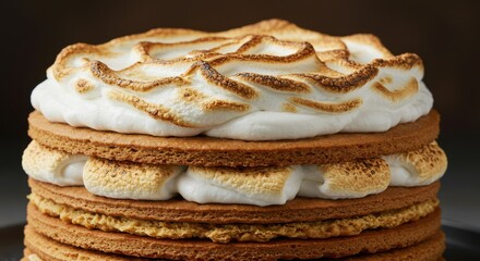 Layer Cake with Toasted Meringue and Cream Filling Delicious Dessert