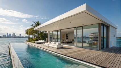 Fototapeta premium Modern Waterfront Villa: Infinity Pool, Cityscape Views, Minimalist Design, Luxurious Living on the Water's Edge with Contemporary Architecture.