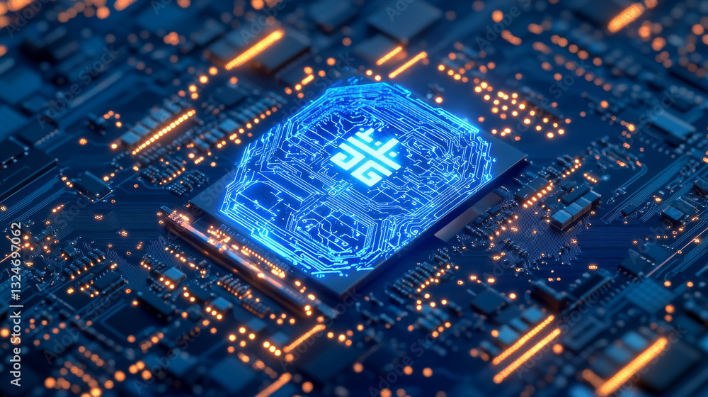 Poster isometric ai chip hologram in the center of circuit board. technology blue background. electronics a