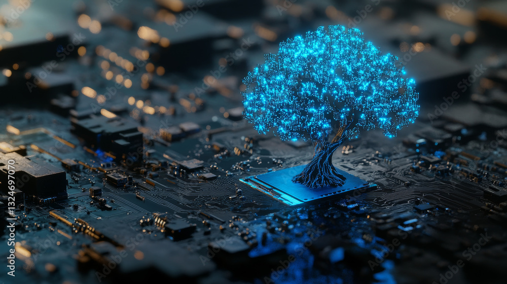 Poster isometric ai chip hologram in the center of circuit board. technology blue background. electronics a