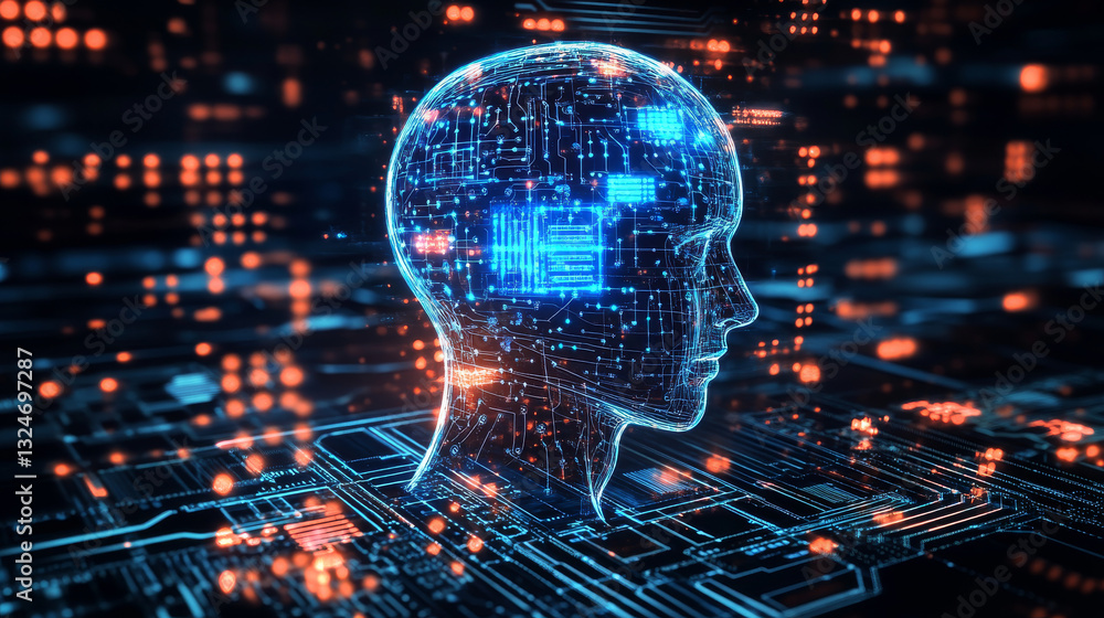 Poster isometric ai chip hologram in the center of circuit board. technology blue background. electronics a