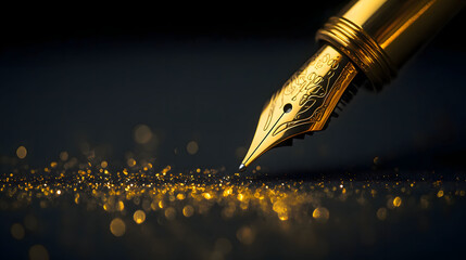 Golden Fountain Pen on Sparkling Surface: Elegance and Luxury