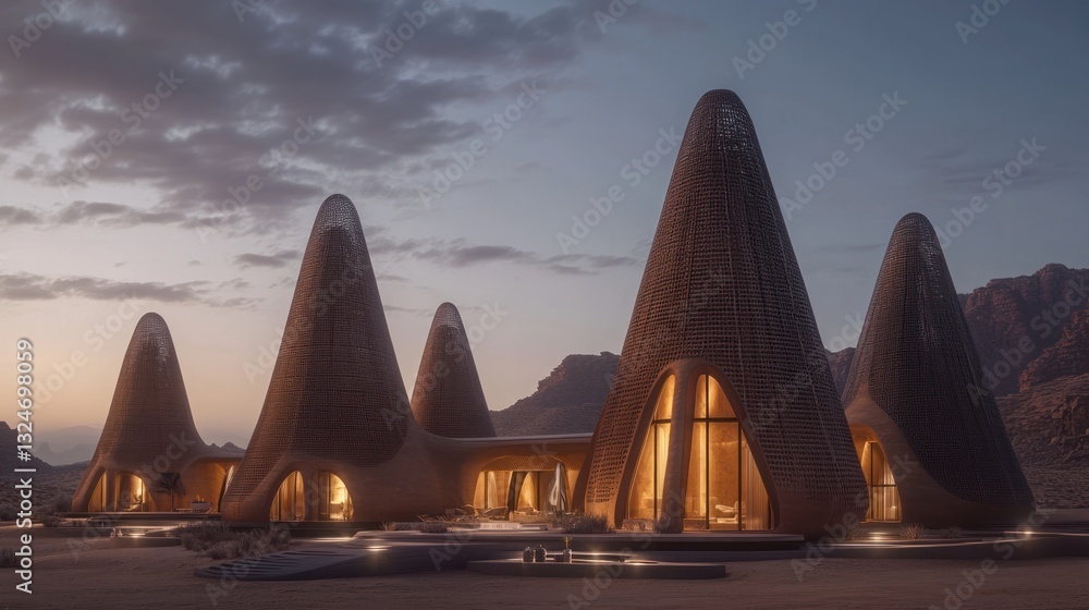 Poster futuristic architecture presents a unique home in a desert landscape setting