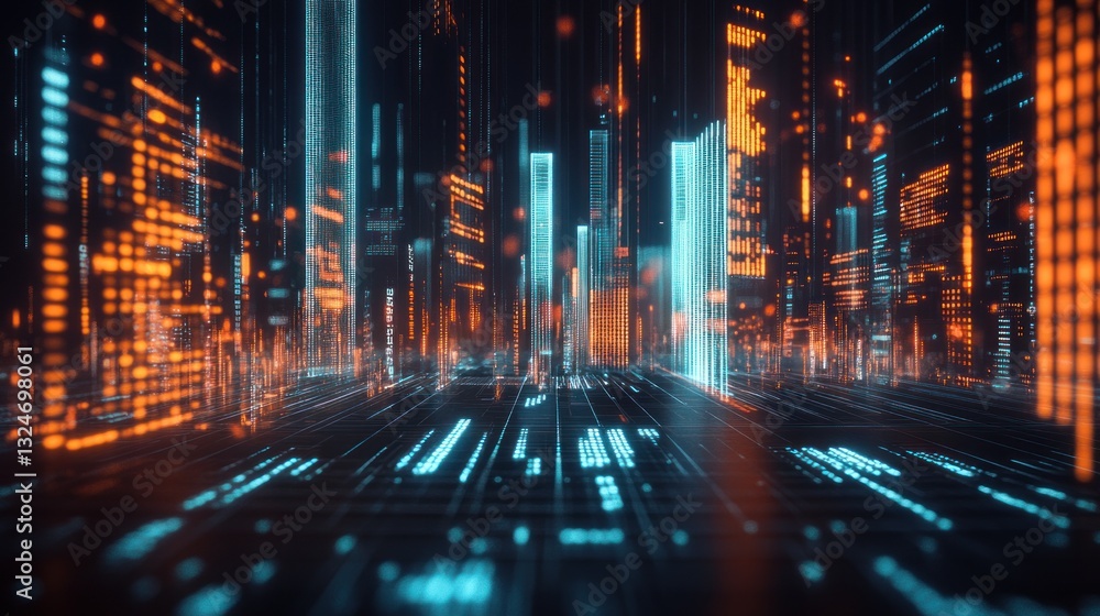 Poster a futuristic city with data streams and glowing structures