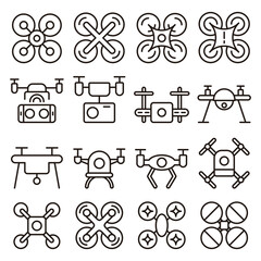 Drone Technology icon set. Includes UAV, quadcopter, drone camera, aerial photography, drone footage, and More. Outline icons vector collection