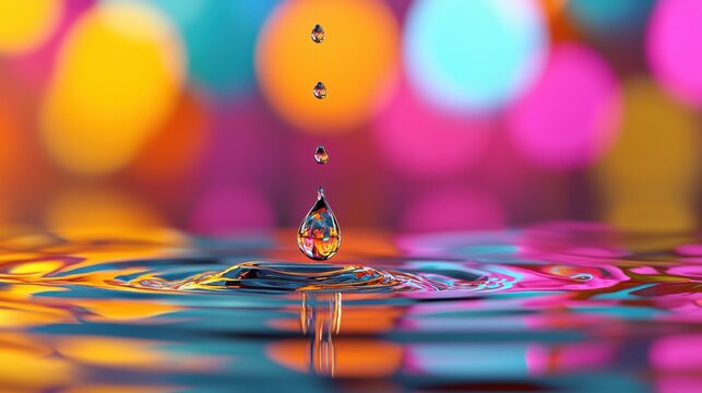 Explore mesmerizing macro photography showcasing a dramatic close-up of a single rain droplet creating ripples in a neon reflection, an abstract image highlighting the beauty of water, light, and
