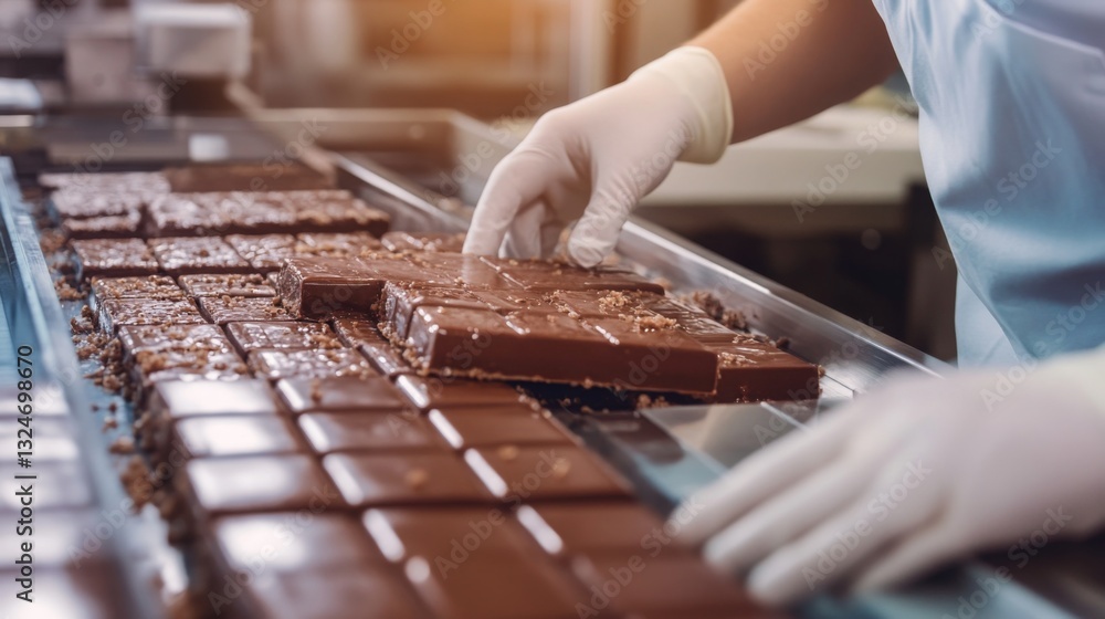 Poster a worker in a factory carefully inspects chocolate bars on a production line. the setting is bustlin