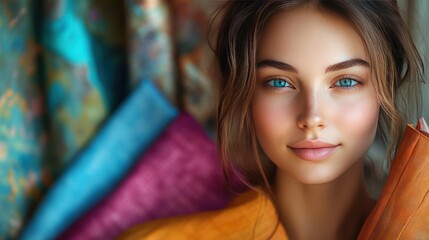 Close-up portrait of a fashion designer, holding fabric samples, studio background
