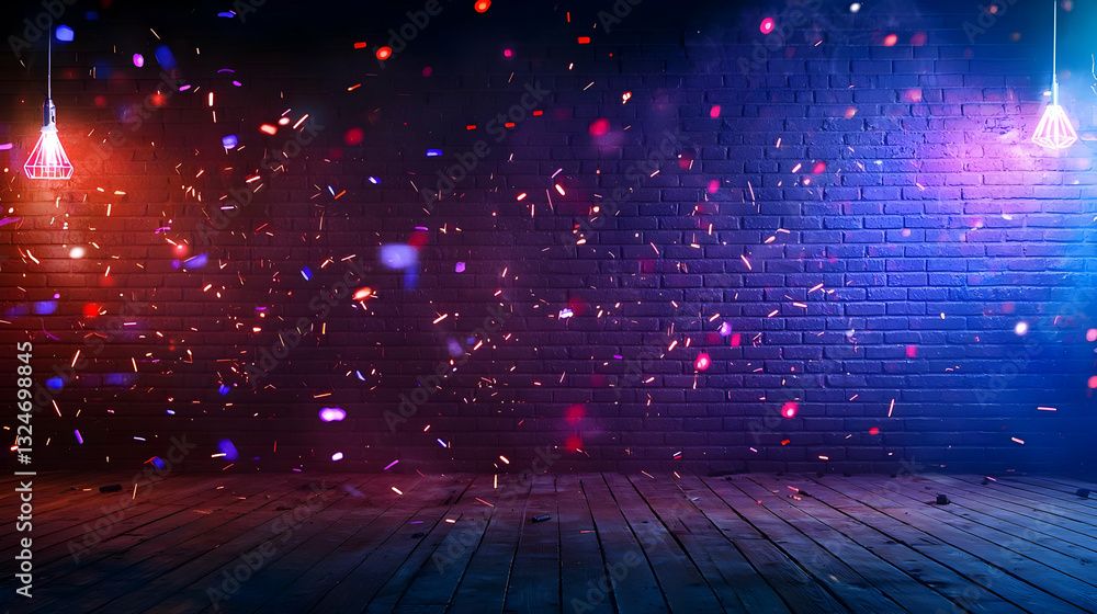 Poster empty room with grunge brick wall and colorful neon lights blur and bokeh effect abstract background