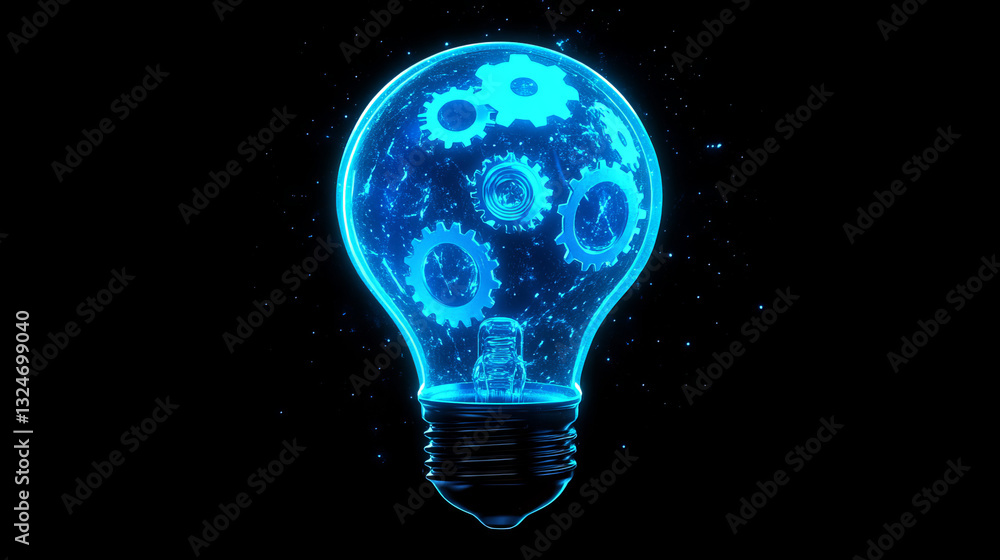 Poster abstract light bulb with gears inside. innovation, creativity, business technology idea concept in d