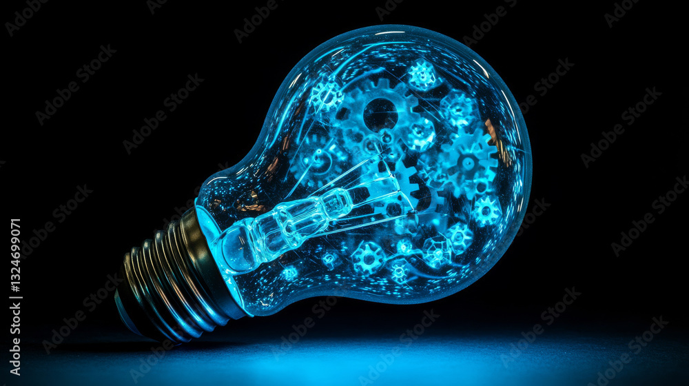 Poster abstract light bulb with gears inside. innovation, creativity, business technology idea concept in d