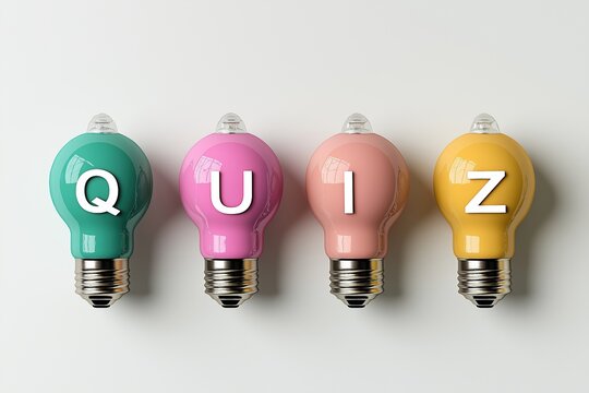Colorful light bulbs forming the word quiz on white background