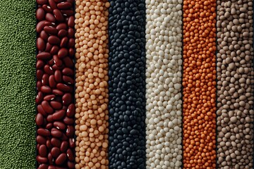 Assorted dried legumes in vertical rows with varied colors and textures
