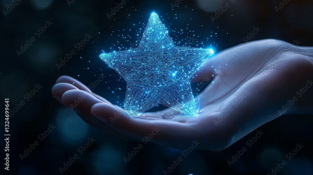 Poster digital star in abstract hand. success concept. low poly wireframe vector illustration with 3d effec