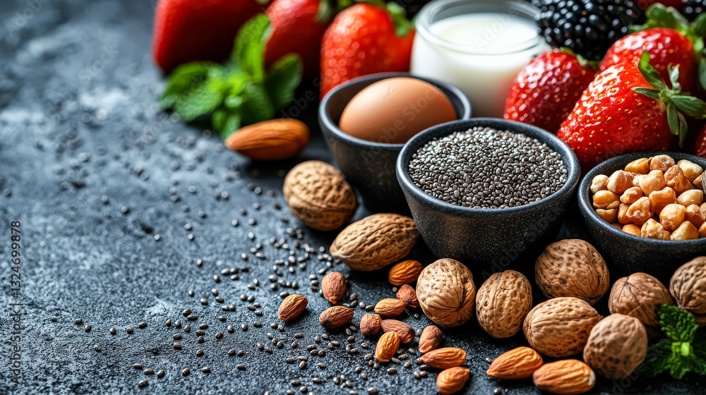 Poster table is covered with a variety of nuts and strawberries. the nuts are spread out in different bowls