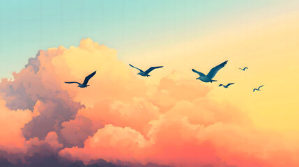 Obraz premium Birds in Flight: A Serene Sunset Sky