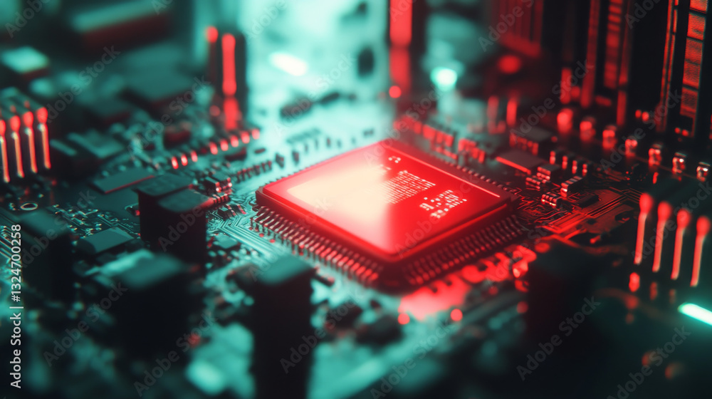 Fototapete abstract cpu chip with glowing pixels on technology circuit board. digital semiconductor or computer