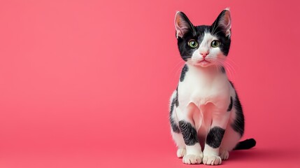 Fototapeta premium Portrait of a Slender Black and White Cat with Green Eyes, Isolated on a Pink Background.