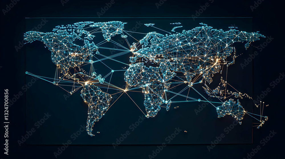 Poster illuminated pixelated world map on dark background depicting global network connections with blue an