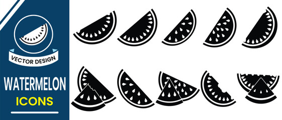 Watermelon icon, vector illustration. Silhouette of slice water melon vector symbol. Halves, slices and triangles of watermelon symbol for app, logo website design. Fruits icon vector illustration.