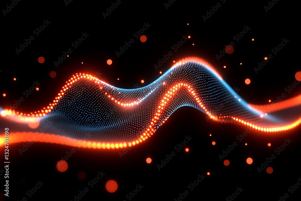 Poster abstract luminous particle flow on black background visualization