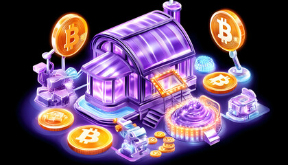 Cryptocurrency casino.  A vibrant, stylized depiction of a digital casino, using crypto like Bitcoin for gambling
