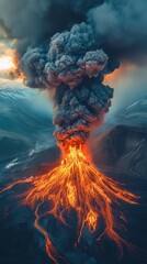 an erupting volcano with lava and smoke.