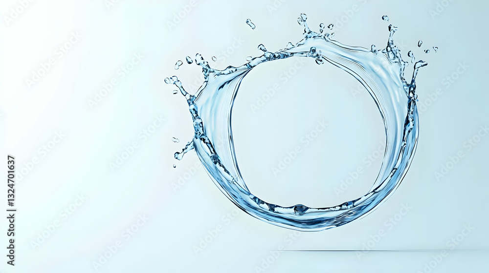Poster dynamic circular water splash against soft blue backdrop with elegant fluid motion