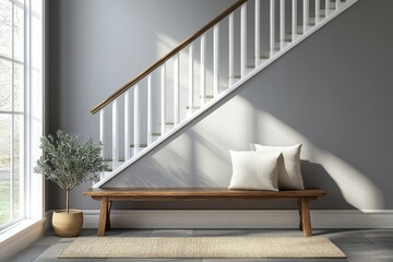 staircase with bench and plant under window.