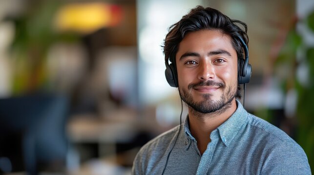 Close-up portrait of a professional IT support technician, wearing a headset, office environment background