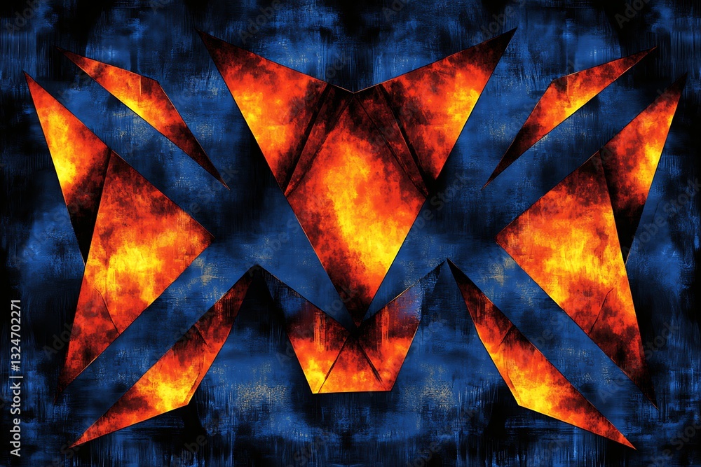 Poster abstract triangular fiery fractal composition on dark blue texture