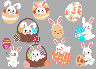 Obraz premium Cute bunnies with colorful eggs and baskets celebrating Easter festivities.