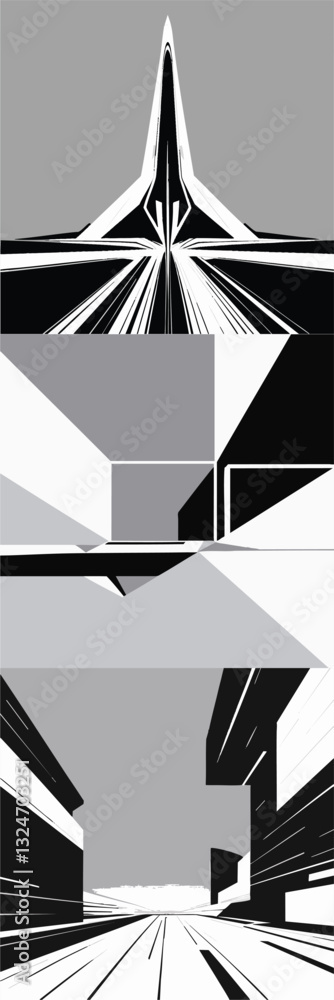 Poster abstract grayscale artwork depicting futuristic architecture and speed