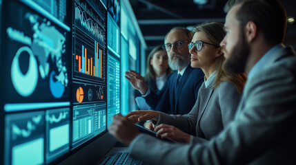 A team of managers analyzing supplier performance data on a screen