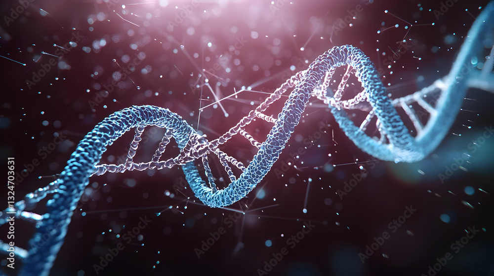 Poster blue glowing dna double helix structure with dark abstract science background with glowing particles