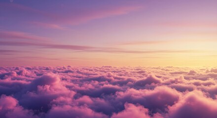 A dreamy cotton candy sunset with pink, purple, and golden clouds stretching across the horizon, ultra-realistic, soft glow, cinematic lighting.